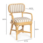Chaise de salle à manger avec accoudoirs Dorine en lin rayé de performance et rotin