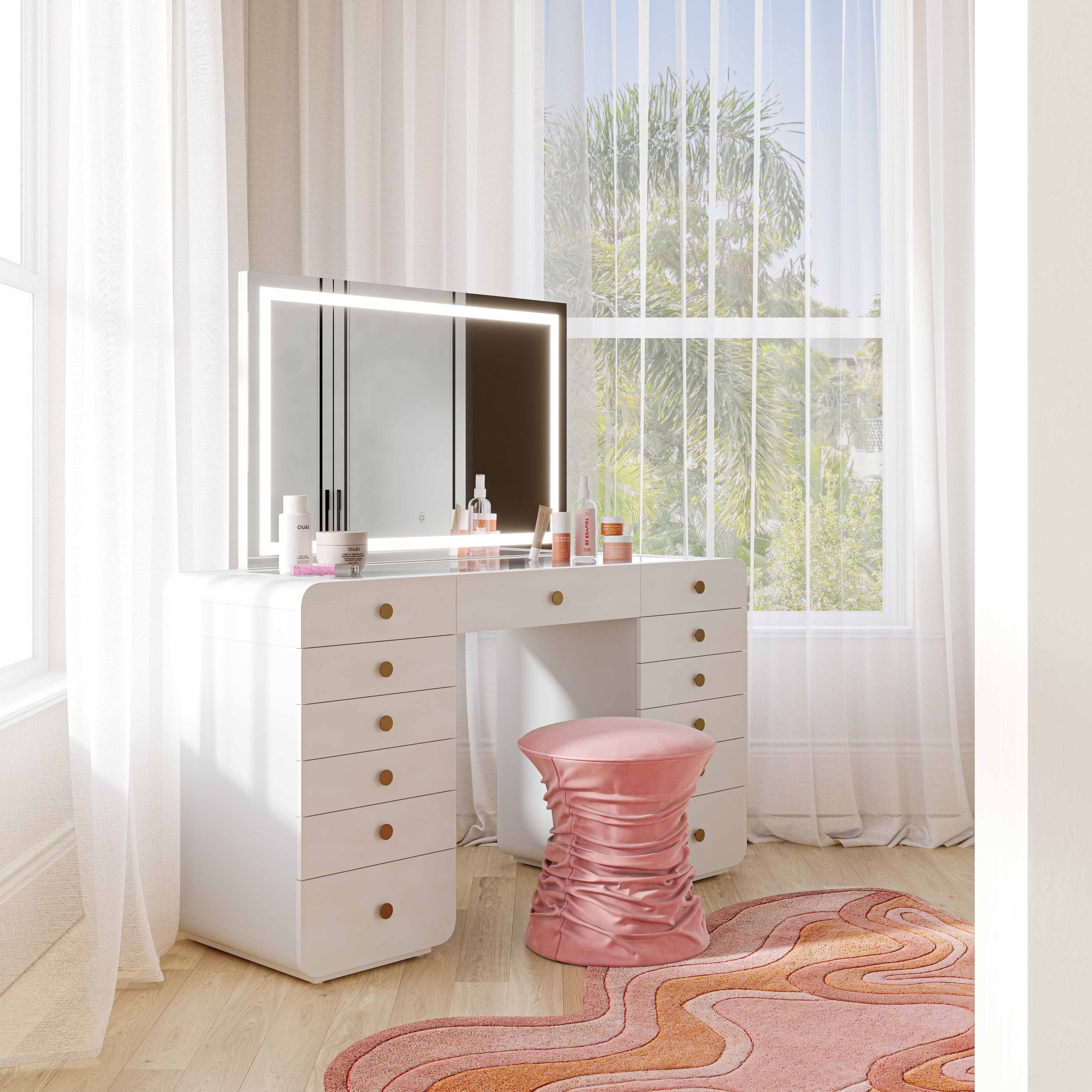 56 White Desk with LED Panel Vanity Mirror